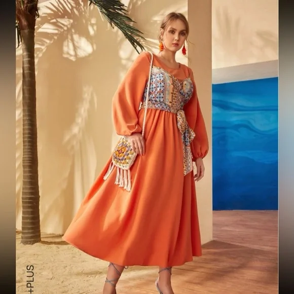 SHEIN | Dresses | New Shein Curve Orange Mixed Print Dress 2x | Poshmark